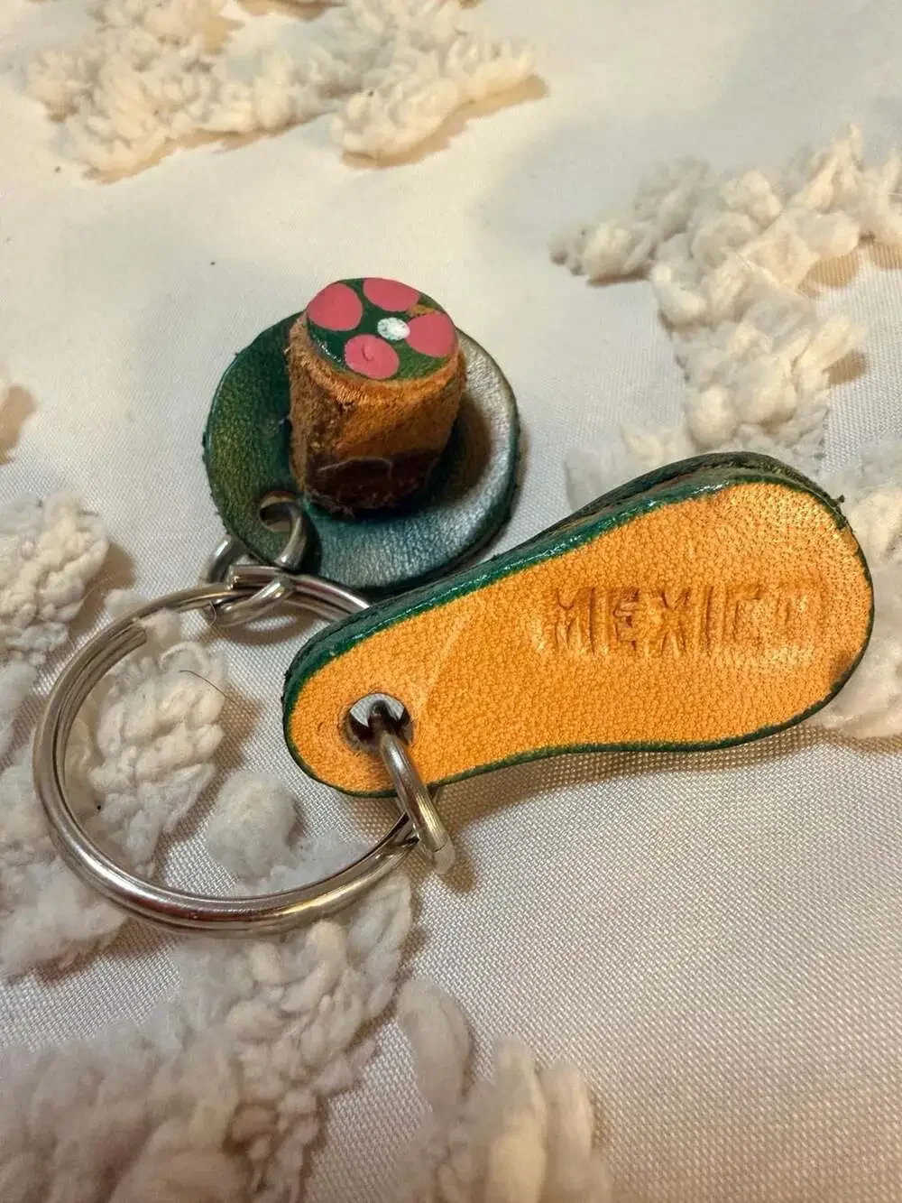 Vintage Handmade Leather Flower Sandal And Hat Mexico Souvenir Keychain